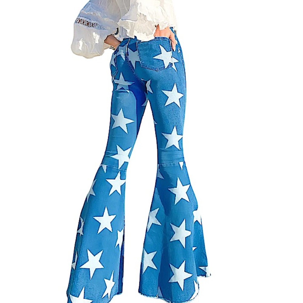 TOAST JEANS: NWT Star of the Show - Denim Star Printed Flare Jeans- Medium /8